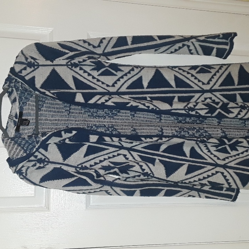 Boho Chic Tribal print Hooded Sweater Duster length blue white